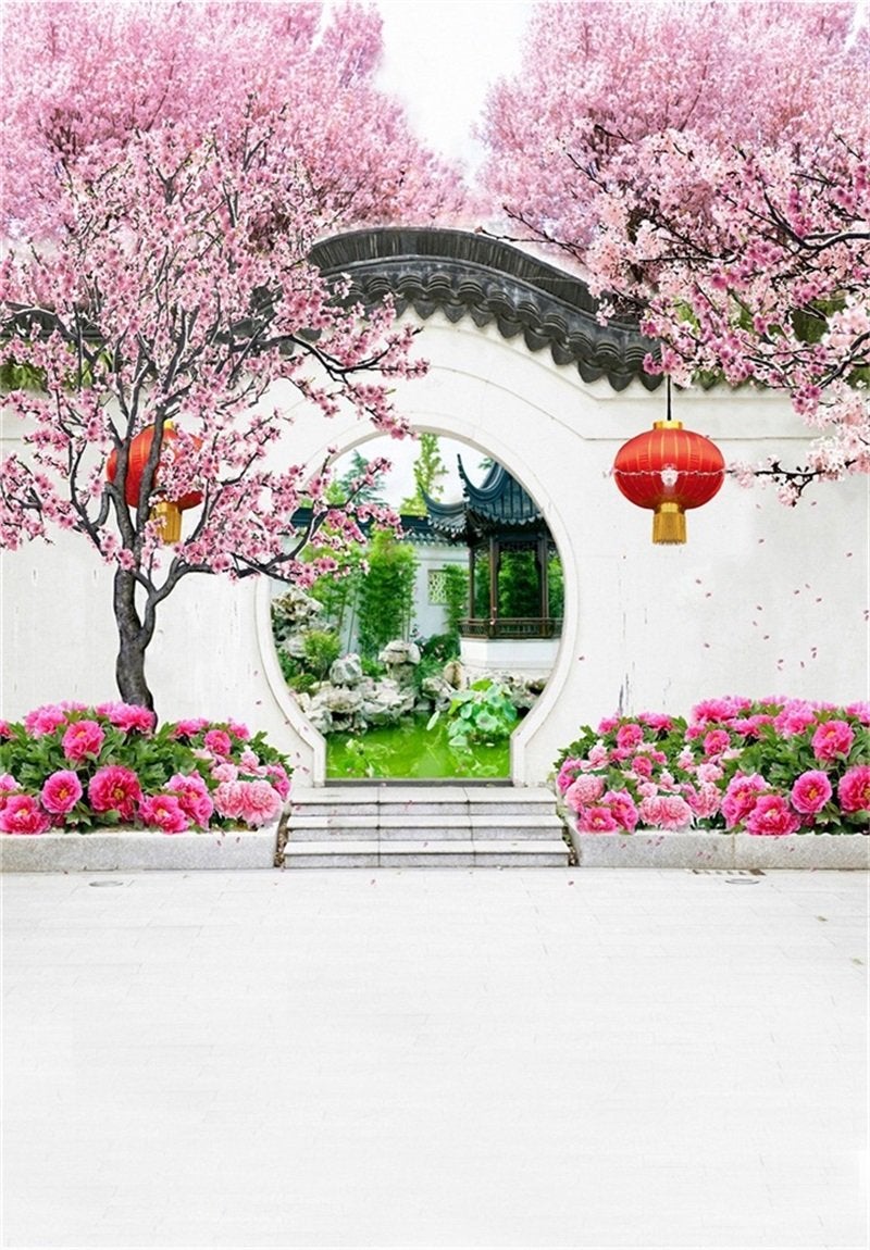 AOFOTO 6x8ft Cherry Blossom Flowers Red Lantern Backdrop for Photoshoot Chinese Garden Courtyard Archway Arch Gate Spring Theme Backdrop Traditional Spring Festival Kids Adult Portrait Photo Props - Image 1